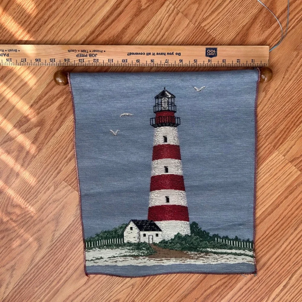 Vintage Woven Lighthouse Tapestry Wall Hanging Coastal Nautical Decor Wood Rod